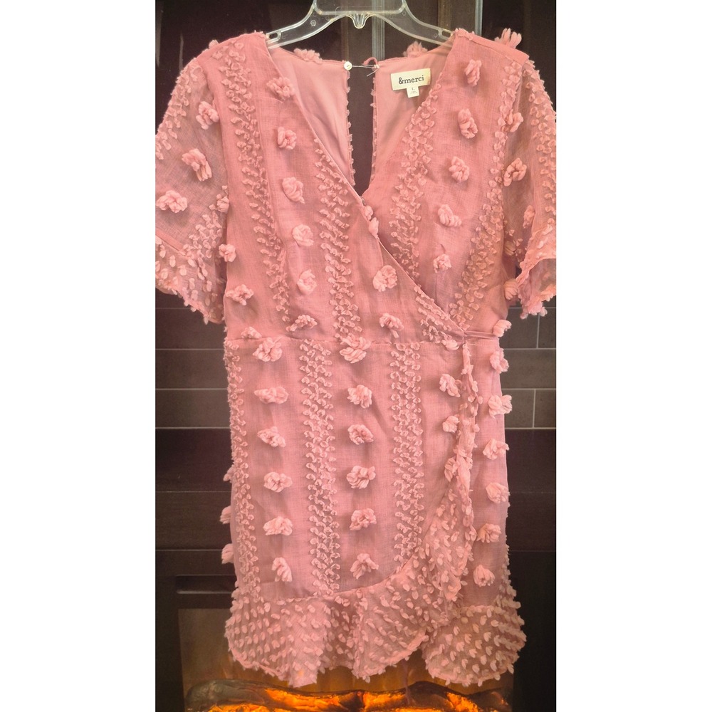 &merci Pink Textured Floral Wrap Dress Ruffle Hem V-Neck Romantic Garden Party L - Picture 2 of 13